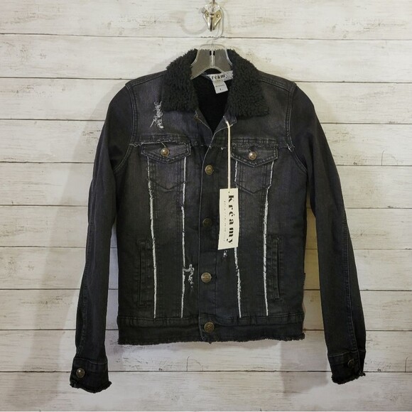 Boutique Brand Sherpa Lined Black Denim Jean Jacket Raw Frayed Hem Size XS/Small - Picture 10 of 11